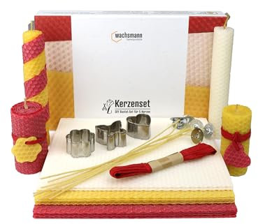 Wachsmann Bienenwachs-Kerzen selber Machen, 10 - DIY Kerzen Bastel-Set - mit Hanfdochten - Bienenwachs-Platten aus Deutschland - mit Zubehör
