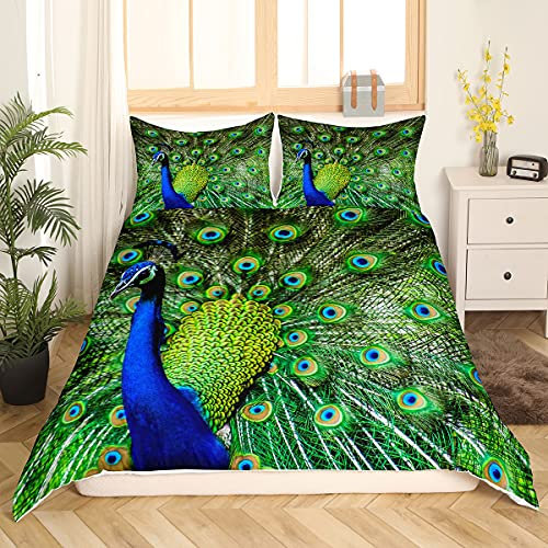 Homewish Pfau Bettbezug 135x200 Grün Süß Tier Muster Bettwäscheset Pfau Feder Gedruckt Dekor Trösterbezug Set Mit Reißverschlüssen Erwachsene Frauen Sanft Decke Set, 1 Bettbezug +1 Kissenbezug