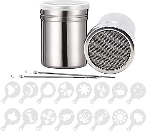 2Pcs Edelstahl Pulverstreuer, BetterJonny Schokoladenstreuer Kakaostreuer mit feinmaschigem Deckel 16Pcs Kaffee Cappuccino Schablonen 2Pcs Barista Stift für Cappuccino Milchschaum Heiße Schokolade