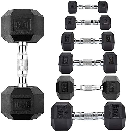 Anchor's Hex Dumbbells – Rubber Encased Hexagonal Cast Iron Dumbbell Weights – Heavy Duty Rubber Commercial Dumbbell, Weight Sets for Weight Training, Knurled Chrome Handle (20 KG, Single)
