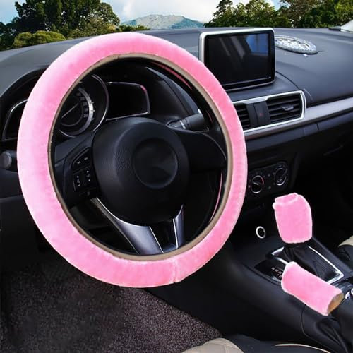 Universal Plüsch Auto Lenkradbezug Lenkradhülle 3 Stück Handbremse Schaltabdeckung Lenkradschoner Warme Winter Fell Lenkradabdeckung Lenkradhüllen Lenkrad Abdeckung Auto Zubehör für Damen,Rosa
