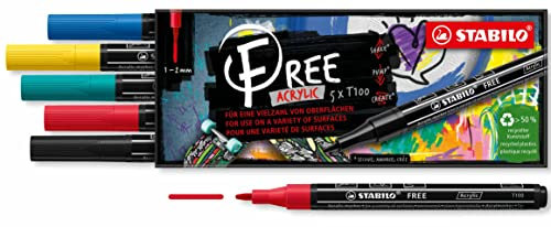 STABILO - Acrylmarker - FREE Acrylic - T100 Rundspitze 1-2mm - Royal - 5er Pack - mit 5 verschiedenen Farben