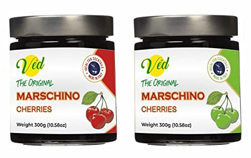 Ved Gourmet Original Rote & Grüne Maraschino-Kirschen - Italienische Kirsche für Old Fashioned Cocktails - Veganer Cocktail, Bourbon-Kirschen in natürlichem Sirup zum Cocktail-Topping