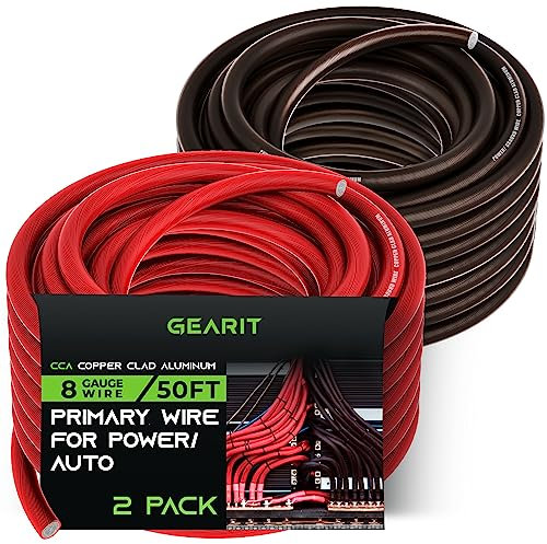 GEARit 8 Gauge Wire (50ft Each- Black/Red Translucent) Copper Clad Aluminum CCA - Primary Automotive Wire Power/Ground, Battery Cable, Car Audio Speaker, RV Trailer, Amp, Electrical 8ga AWG 50 Feet