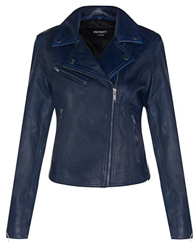 Ladies Leather Jacket Classic Biker Style Blue Real Leather Womens Jacket XL