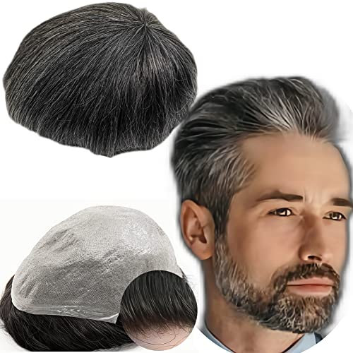 Echthaar Toupet für Männer, YANAHAIR Glattes Haar 0,04-0.06mm V-Loop PU Super Dünn Haut Haarsystem Yanaair Europäische Echthaarteile Toupet Echthaar Perücke Mann(10x8,#1B40 schwarz und grau)