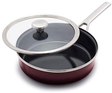 Merten & Storck European Crafted Steel Core Enameled Cookware, 3QT Saute Pan Jumbo Cooker with Lid, Induction, PFAS & PTFE Free, Dishwasher Safe, Oven & Broiler Safe, Merlot Red