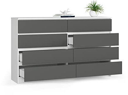 BDW Kommode, 8 Schubladen, viel Stauraum, Kleiderschrank, Flur, Badezimmerschrank, Kommode, Multifunktionsschrank. Abmessungen: 160 x 99 x 40 (Weiß - Grau)
