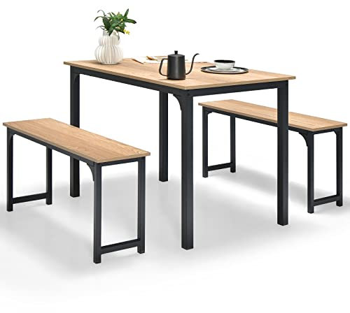 COSTWAY Dining Table Set with 2 Benches, 3 PCS Breakfast Table and Benches with Anti-slip Foot Pads, Space-Saving Kitchen Dinette Table Furniture Set for 4 People Small Space (Nature+Black)