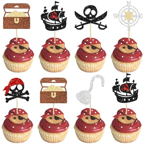 Gyufise 24 Stück Piraten-Cupcake-Topper, glitzernd, nautischer Segel-Totenkopf-Flagge, Cupcake-Picker für Piraten-Thema, Babyparty, Kindergeburtstag, Party, Kuchendekorationen, Zubehör