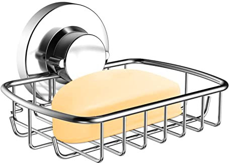Poywaze Suction Soap Dish, Stainless Steel Soap Basket for Bathroom, No Drilling Soap Holder for Shower, Silver Soap Tray with Hooks Design