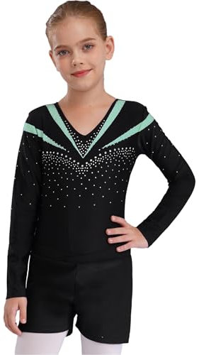 FEESHOW Mädchen Kinder Gymnastikanzug Ballett Gymnastikbody Turntrikot Gymnastikhose Shorts Sport Tanzoutfit Athletic Wettkampf Trainingsanzüge Hellgrün 146-152/11-12 Jahre