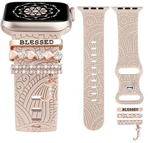 TOYOUTHS Dekorative Ring Armband kompatibel mit Apple Watch Armband Charme 41/40/38/42mm, Damen Glitzer Boho Gravierte Silikon Ersatzarmbänder für iWatch Serie 10/9/8/7/SE/6/5/4/3, Polarstern/J