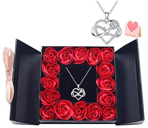 Eternal Rose with 925 Sterling Silver Necklace Infinite Heart Love Silver Pendant Necklace in Rose Jewelry Box Gift for Mum Women on Mother's Day Valentine's Day Anniversary Romantic Gifts for Her