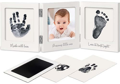 Baby Handabdruck und Fußabdruck Set – Clean Touch Stempelkissen Baby Hand und Fuß für Neugeborene, Handabdruck Baby Bilderrahmen Abdruckset, Baby Fussabdruck Set für Newborn Baby Shower (White/Silver)
