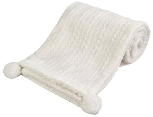 Soft Touch Babydecke mit Zopfmuster, superweiches Sherpa-Futter und Pompons, Weiß