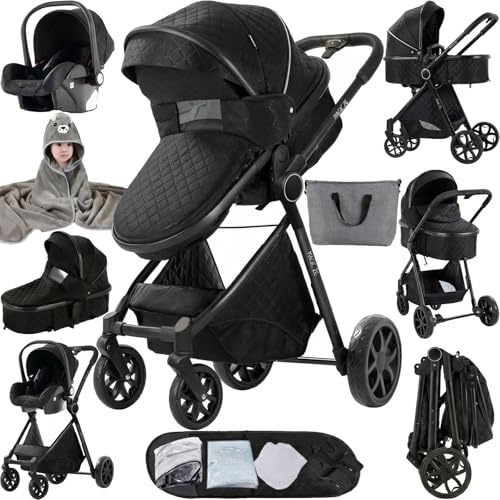 MoLi 3-i-1 barnvagn barnvagn, resesystem med vändbara två trycklägen, nyfödd spädbarn buggy med vikning med ett klick, barnvagn aluminiumram (2-i-1 V9 mörk svart)