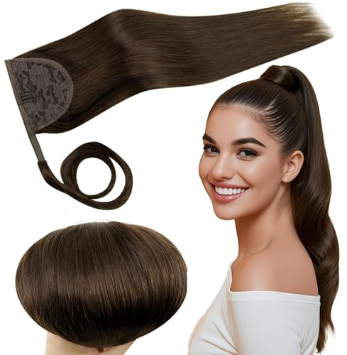 RUNATURE Ponytail Extension Pferdeschwanz Haarteil Echthaar 70g | Zopf Extensions,Echtes Haar Glatt,Mehr Haarwuchs,Wiederverwendbar,Voluminöses Haar,Tägliche Party,Braun 35cm