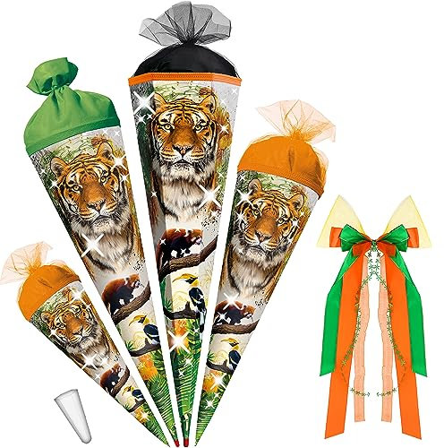 alles-meine.de GmbH Schultüte - Tiger & Zootiere 35-85 cm Größe wählbar - mit Holzspitze - + Kunstoff Spitze + Schleife - Tüllabschluß/Filzabschluß - eckig/rund - Mädch..