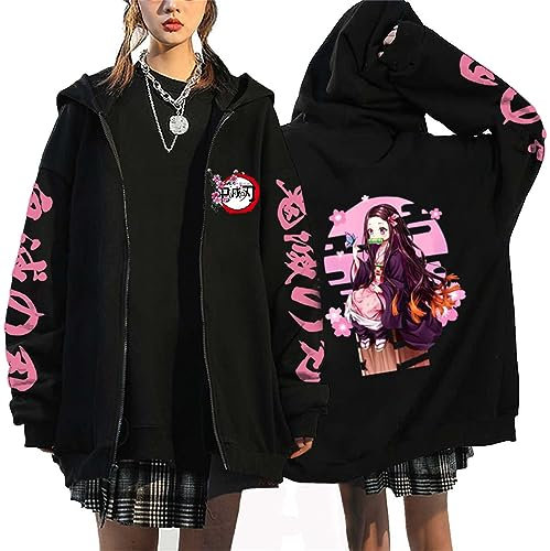zhedu Zip Up Hoodie Kamado Nezuko Grafik Harajuku Langarm Y2k Casual Oversize Hip Hop Punk Streetwear Mantel (M,Color 05)