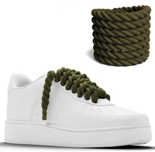 Chunky Laces Lacets en vert kaki avec aglette transparente, Corde de 10mm, Lacets de chaussures en macramé en coton naturel, Idéal pour Air Force 1, Air Force 1 Femme, Air Force 1 Homme