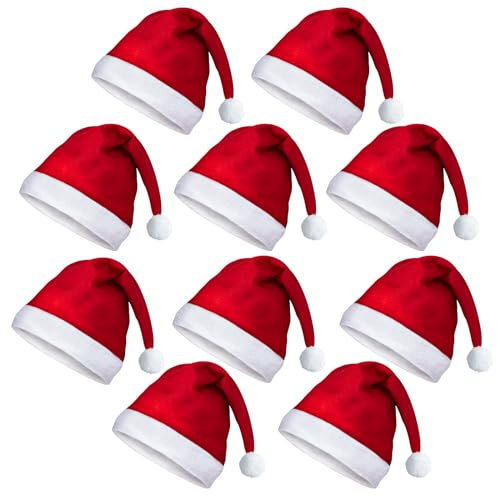 10PCS Santa Hats Christmas Hat for Adults, Red Unisex Xmas Hat Multipack | Classic Santa Outfit Father Christmas Fancy Dress Accessories for New Year Festive Party Office Supply