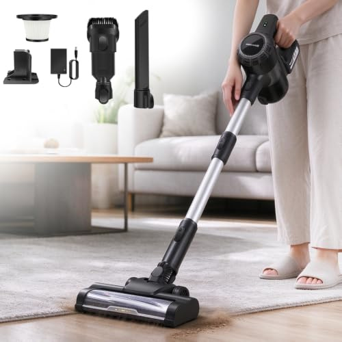 Akku Staubsauger, 200W Stielstaubsauger Kabelloser, Handstaubsauger Kabellos, 25000pa Saugleistung Ultraleichter, 6 in 1 Akku Sauger für Tierhaare,Teppich, Fliesen, Hartböden und Auto