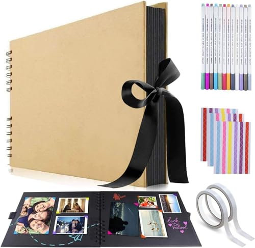 Fotoalben, Scrapbook Fotoalben mit 12 Metallic-Marker-Stiften DIY Erinnerungsalbum 80 Seiten A4 Bastelpapier 32 x 21,1 cm für Familie Hochzeitstag Baby Geschenk (Braun mit Box)