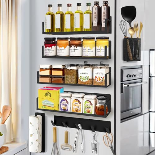 Horse Magnetic Spice Racks, 7 Pack Spice Rack Carbon Steel Organizer for Refrigerator with Kitchen Utensil Holder, Paper Towel Holder, 5-Hook Rack for Kitchen Storage, Black