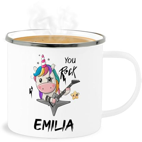 Emaille Becher Blechbecher - Einhörner - You Rock Metal Einhorn Geschenk Metalhead Unicorn Geschenk Gitarrist I - 300 ml - Weiß Silber - personalisierte kinder unicorns rockstar tasse einhörnern