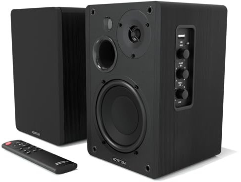 AZATOM EB100 Powered Bookshelf Hifi Speakers, 2.0 Active, Bluetooth, Wired, Wooden Enclosure, Perfect for Music, Vinyl records, Home Theatre, Gaming, Laptops, PC, 50 Watts (Black) (Renewed)