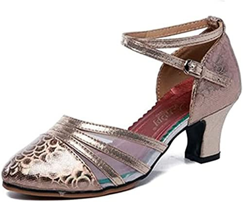 Scarpe da Ballo Latino Donna, Tomaia in Laser Glitter, Tacco da 5.5 cm, Lattice all'Interno della Soletta, Confortevole ed Elegante. (Oro Rosa, Numeric_43)