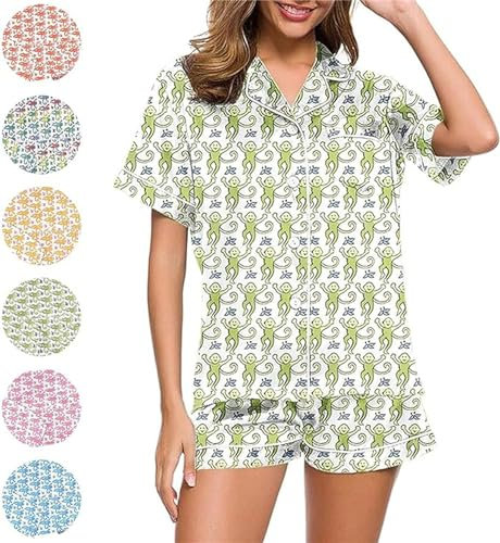 Womens 2 Piece Roller Rabbit Pajamas Cute Monkey Pajamas Preppy Set Roller Rabbit Pjs Roller Rabbit Pajamas Dupes (Green,3X-Large)