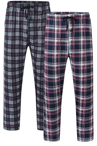 JINSHI Bas de Pyjama Homme à Carreaux Pantalon de Pyjama Long Modal Doux Pantalon de Nuit Élastique avec Bouton et Poches Lot de 2 Carreaux A Taille L