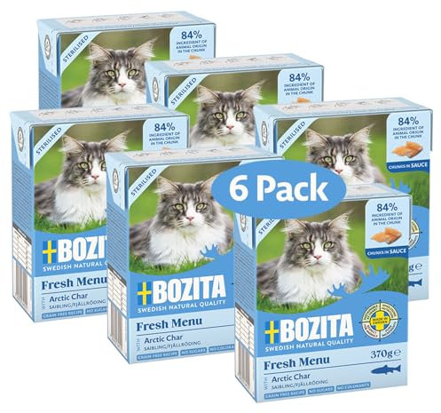 Bozita Tetra Sterilised Häppchen in Sauce mit Saibling – 6x370g getreidefreies, zuckerfreies Nassfutter für Katzen – ohne Gentechnik, mit 8,5% Protein & 4,5% Fett – hochwertig & besonders schmackhaft