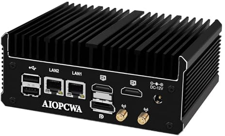 AIOPCWA Industrie PC, Mini PC lüfterlos mit N100, 2 × 2.5GbE i226V LAN Ports, 2 × COM RS232, WiFi/BT, Fanless Mini Desktop Computer, 8GB RAM 128GB NVMe SSD, Windows 11 Pro
