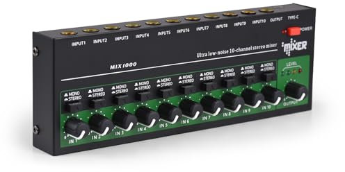 Btuty Mixer audio a 10 canali Mixer di linea mono stereo ingresso TRS/TS 6,35 mm involucro metallico Processore audio di tipo C per chitarra basso tastiera palcoscenico mixer