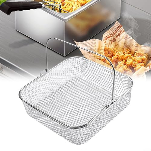 Cesta para freidora de aire, cesta cuadrada de acero inoxidable con mango de fácil elevación compatible con freidora de aire de 8QT 6QT de 20 x 20 x 6 cm
