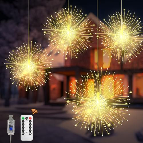 480 LED Fuegos Artificiales Luces Navidad,CNMTCCO paquete de 4 Luces de hadas USB colgantes,8 modos,luces de globo,luces de alambre de cobre impermeables,adecuadas para Navidad decoración,Boda,patio