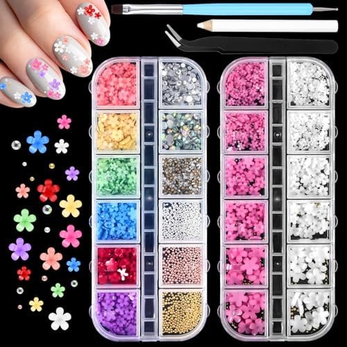 Oruola 2 Boxes Flower Nail Charms,3D Flower for Nails,Multicolor 3D Nail Rhinestones 3 Colors Pearls Nail Art Decorations with Pickup & Dotting Tools for Nail Art DIY,Nail Salon Jewel Accessories