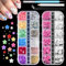 Oruola 2 Boxes Flower Nail Charms,3D Flower for Nails,Multicolor 3D Nail Rhinestones 3 Colors Pearls Nail Art Decorations with Pickup & Dotting Tools for Nail Art DIY,Nail Salon Jewel Accessories