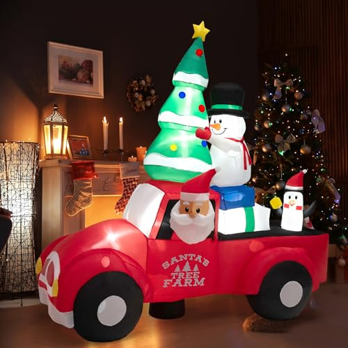 SOARS Decorazioni Natalizie, Babbo Natale Gonfiabile in Auto 240 CM, con Regalo, Pupazzo, Albero, Pinguino, Luce LED Incorporata, Addobbi Natalizi per Esterno Interno per Casa, Giardino, Cortile