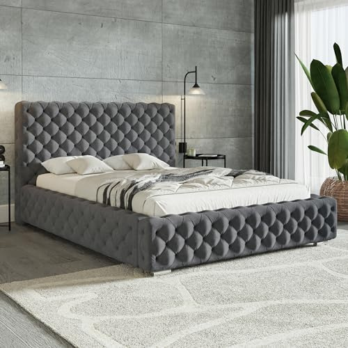 MOTIVENA Dianna Chesterfield Bett 120x200 Grau Samt, mit Stauraum, mit Kopfteil, mit Lattenrost, mit Füßen, ohne Matratze, Chesterfield Polsterbett 120x200 mit Bettkasten Grau (Anthrazit)