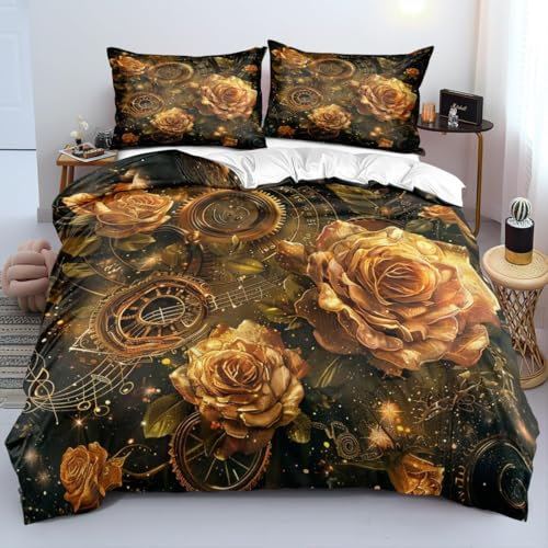 Bettwäsche Set Vintage-Blumennoten 155X200 cm Bettbezug Und Kissenbezug, Mikrofaser, 3D Digital Print Dreiteilige Set Waschmaschinenfest - Weich, Antiallergisch Für Einzel- Und Doppelbett -200N947L75