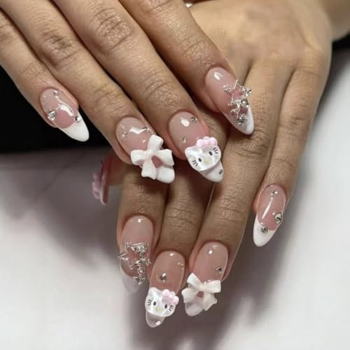 MouyouGlow Press on Nails Kurz,Almond Weiß French 3D Kitty Schleife Bow Tie Crystal Sterne Charms Cute Kawai Katze Fake Nails mit Nagelkleber,Y2K Künstliche Fingernägel