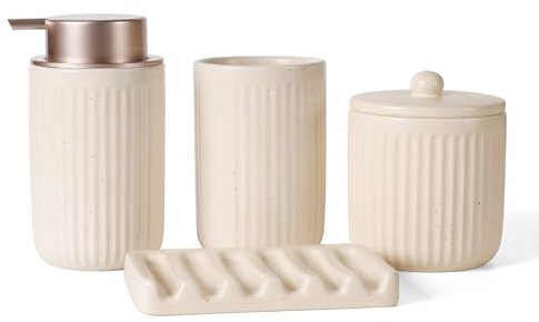 UMLACA Badezimmer Set Keramik, 4 Teiles Badezimmer Zubehör Set, Badezimmer Organizer mit Seifenspender, Seifenschale, Zahnputzbecher, Wattestäbchen Kanister, Hochwertiges Badezimmer Deko Set