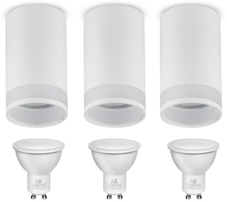 Maclean 3er Pack Aufbaustrahler mit GU10 Fassung 3x7W 490lm | Deckenanbauleuchte aus Aluminium mit transparentem Ring | modernes Design | 55x105 mm (Weiß, 3 Stück, mit 7W warmweißen Leuchtmitteln)