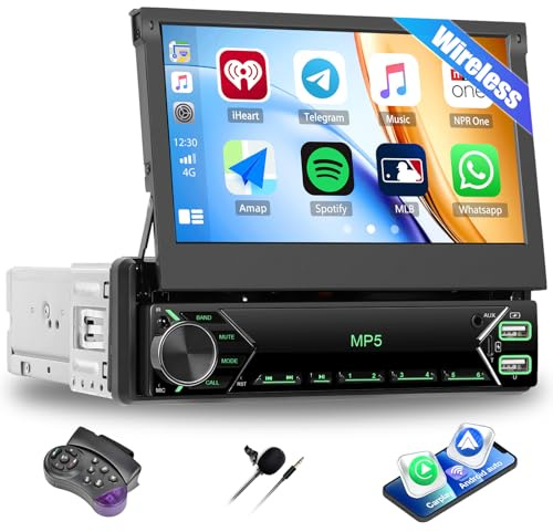 SIXTOP Single Din Car Stereo with Wireless CarPlay Android Auto YouTube, 7 inch IPS Flip Out 1 Din Touch Screen Bluetooth Car Radio with Mirror Link/EQ/FM/USB/Type-C/AUX/MIC+Steering Wheel Control