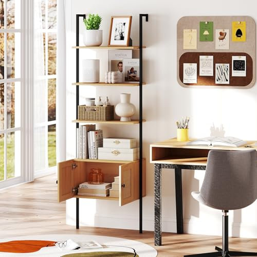 RELAX4LIFE Libreria Scaffale a Scala, Scaffale a 5 Ripiani con Armadio in Rattan, Struttura in Metallo, Mobile per Salotto, Studio, Ufficio e Cucina (Naturale,60 x 31,5 x 184 cm)