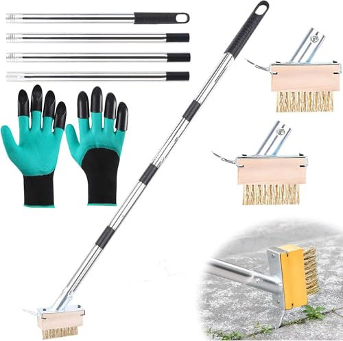 Brosse à Mauvaises Herbes avec Amovible de Manche 160 cm,Lot de 2 Brosses À Joints pour Mauvaises Herbes avec Crochet,Brosse Métallique,pour Enlever la Mousse du Jardin Mauvaises Herbes Taches Tenace.